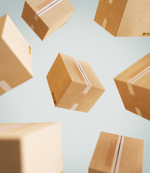 International parcel delivery service visual with boxes flying representing our global delivery reach.